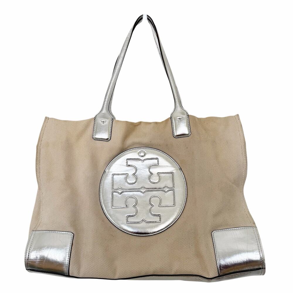 Tory Burch Ella Canvas and Metallic Silver Tote Bag